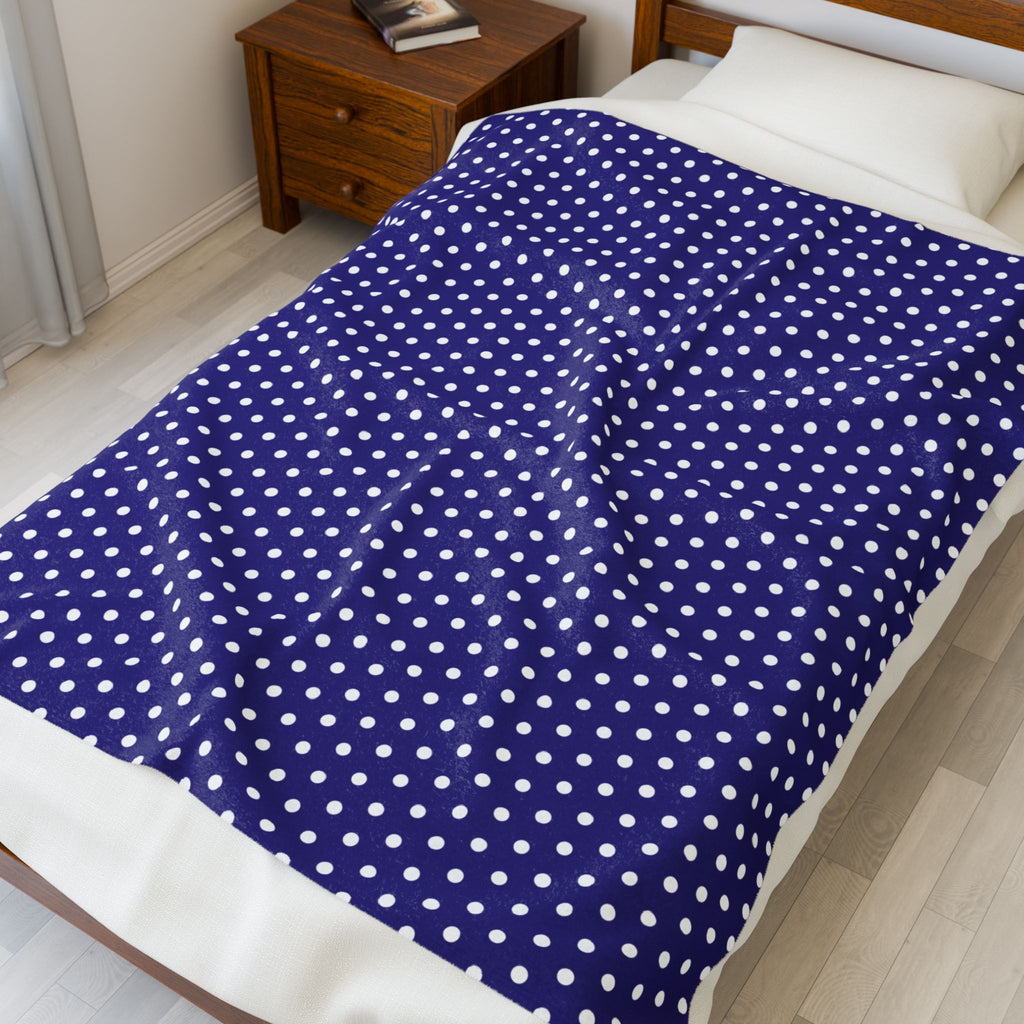 Cozy Royal Blue & White Polka Dot Velveteen Plush Blanket