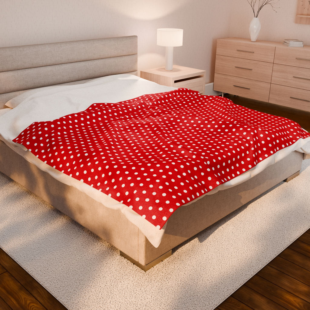 Cozy Red with White Polka Dots Velveteen Plush Blanket