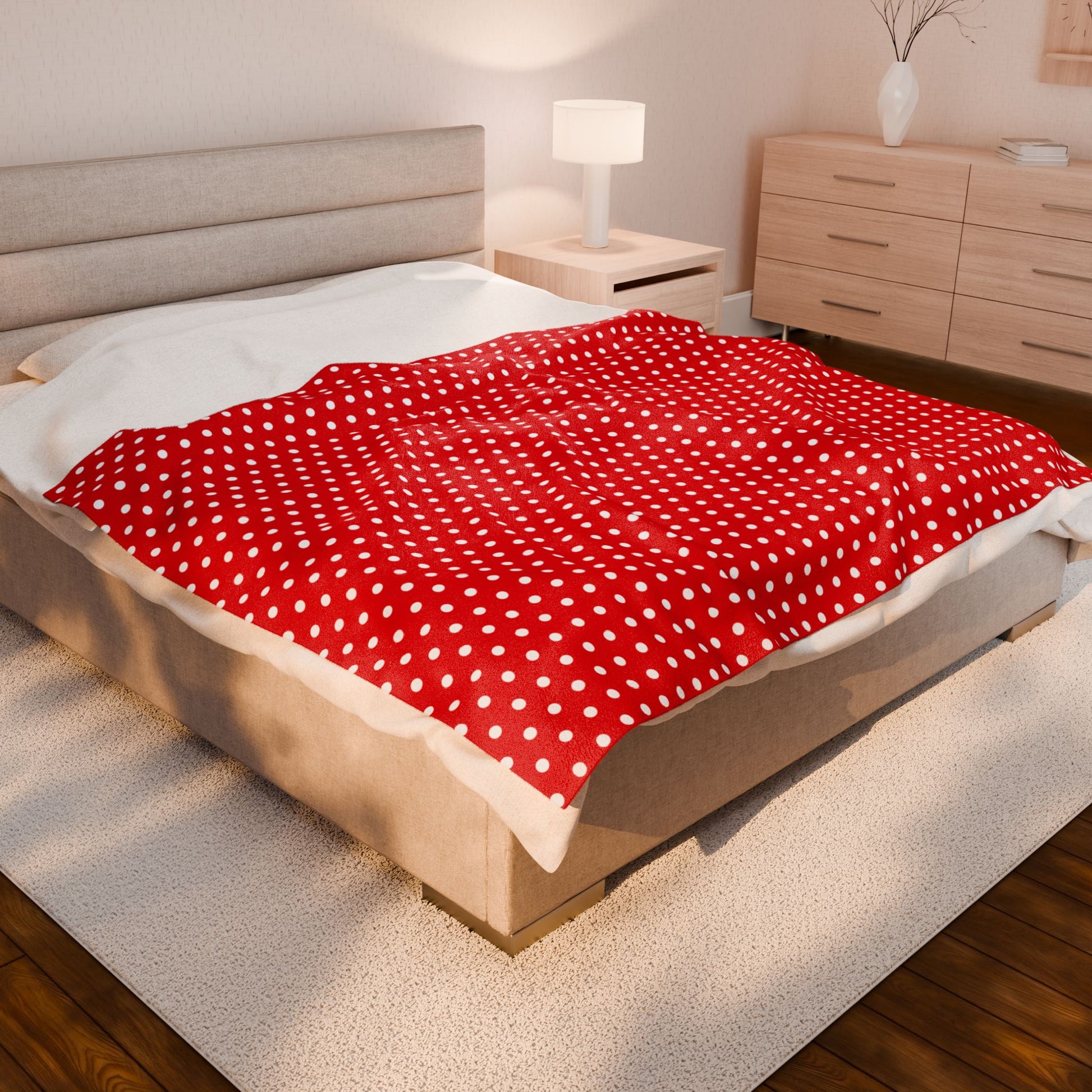 Cozy Red with White Polka Dots Velveteen Plush Blanket